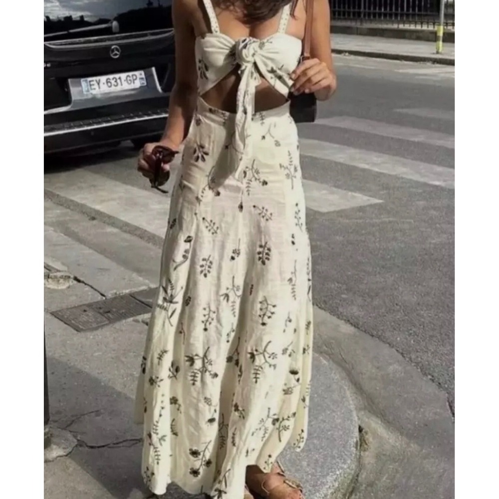 House of Harlow 1960 Linen Blend Floral Embroidered Crop Top Maxi Skirt Set 6